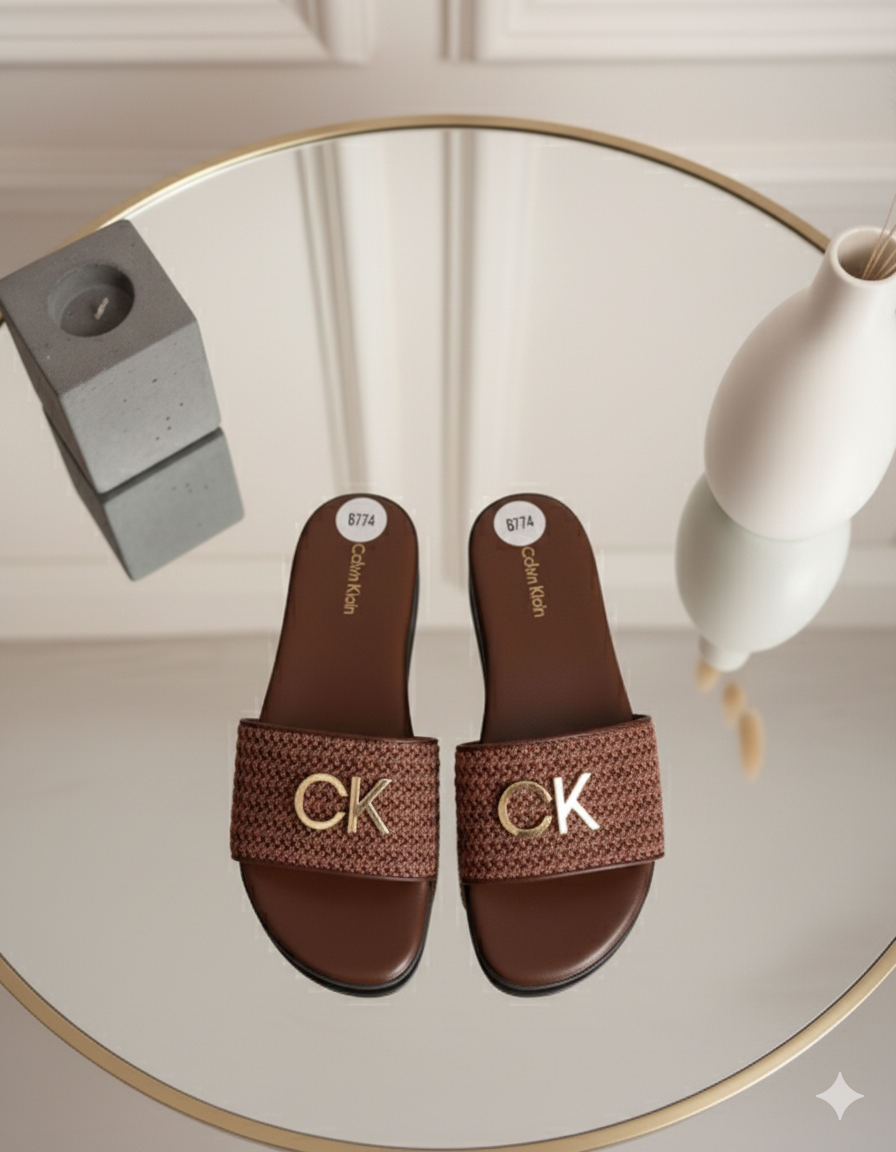 Calvin Klein Gold Logo Braided Slide Sandals