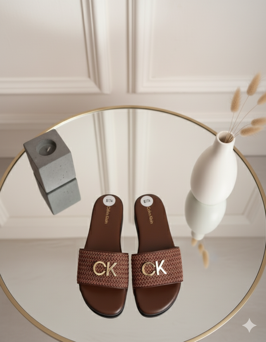 Calvin Klein Gold Logo Braided Slide Sandals