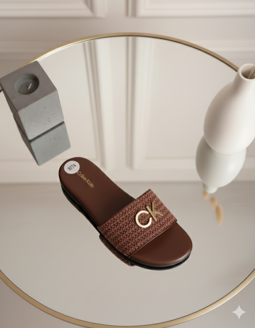 Calvin Klein Gold Logo Braided Slide Sandals