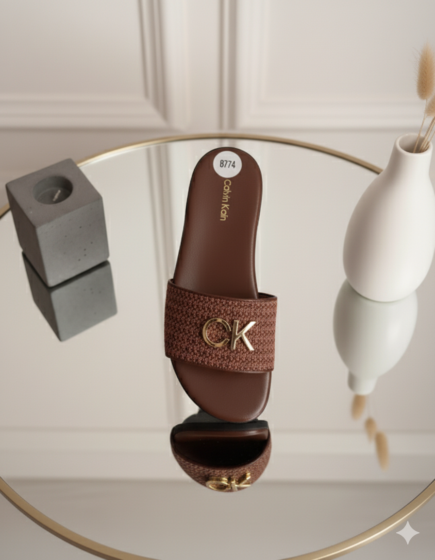 Calvin Klein Gold Logo Braided Slide Sandals