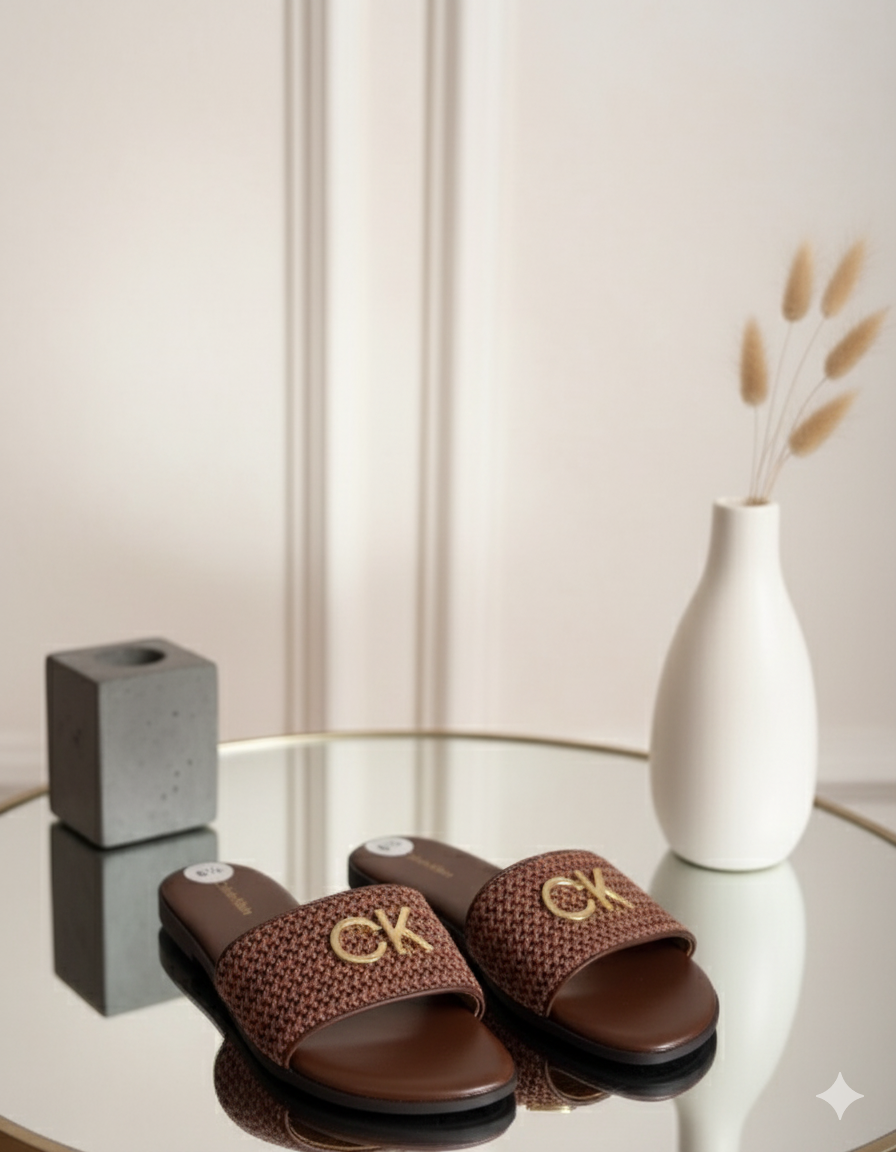 Calvin Klein Gold Logo Braided Slide Sandals