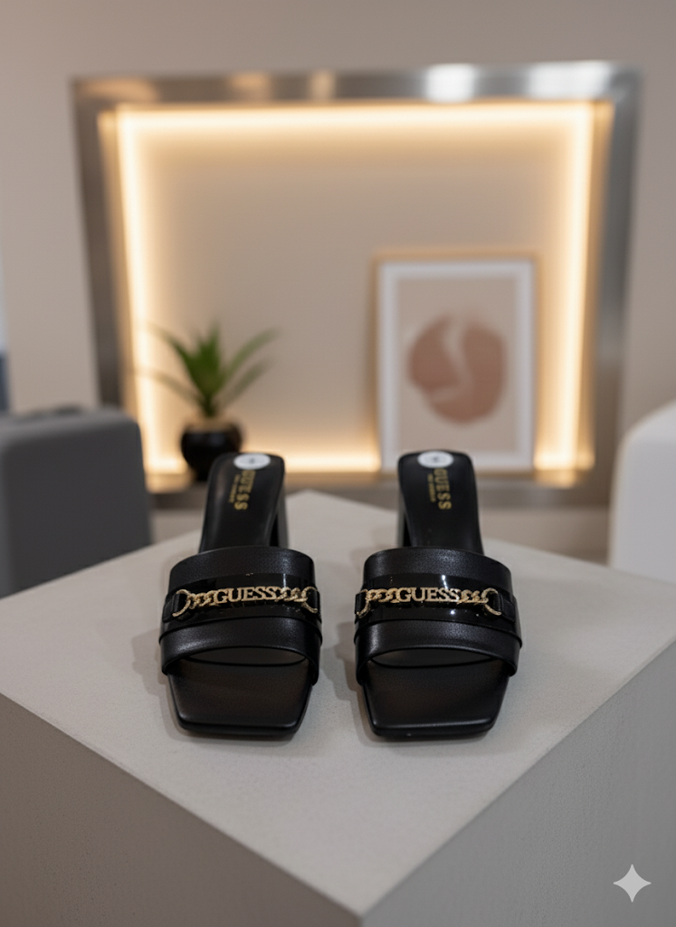 GUESS Gold Logo Hardware Block Heels