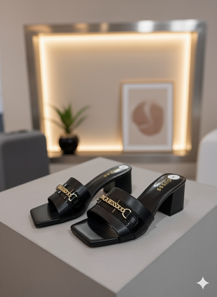 GUESS Gold Logo Hardware Block Heels