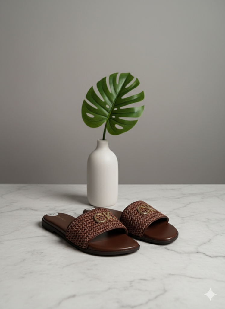 Calvin Klein Gold Logo Braided Slide Sandals